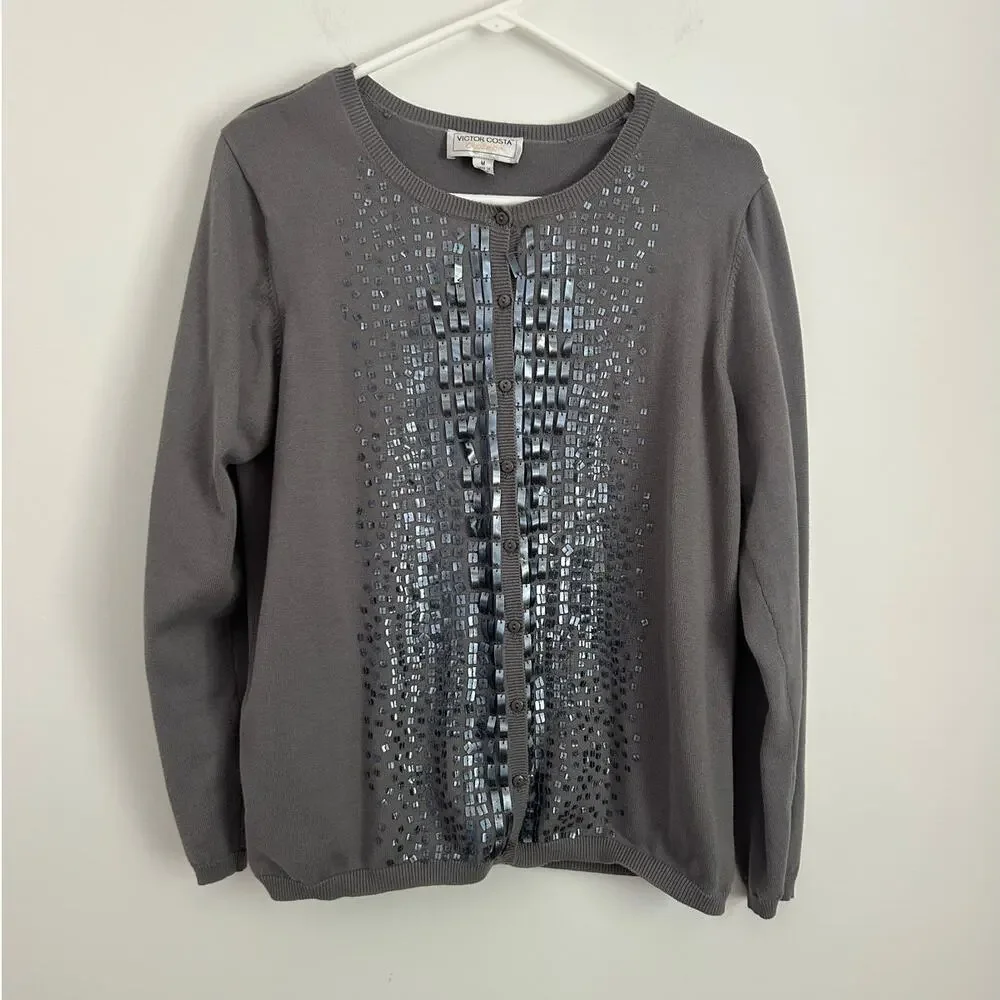 Victor Costa Occasion Beaded Top Size Medium – Silver Embellished Party Piece